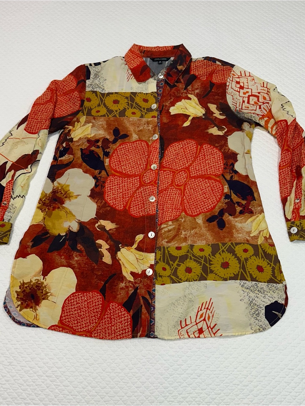John Mark Multicolor Patterned Collar Shirt — Red, Cream & Gray Accents